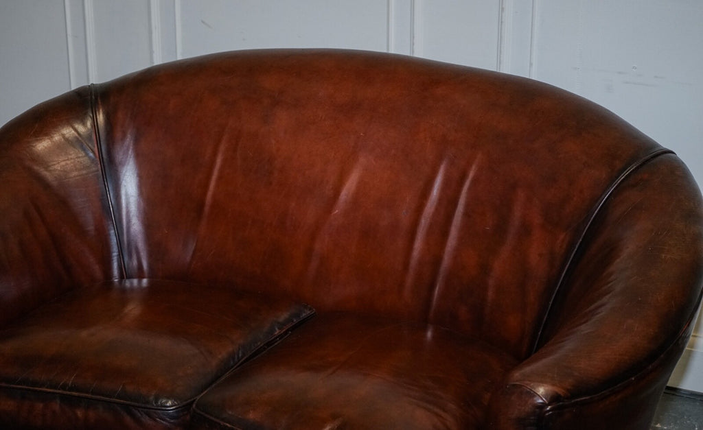 1920'S ART DECO RESTORED HAND DYED WHISKEY BROWN SUITE SOFA ARMCHAIRS FOOTSTOOLS