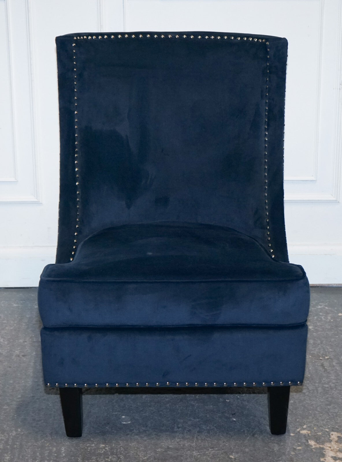 COTSWOLD LUXE EX SHOWROOM NAVY SLIPPER CHAIR WITH SILVER STUD DETAiL