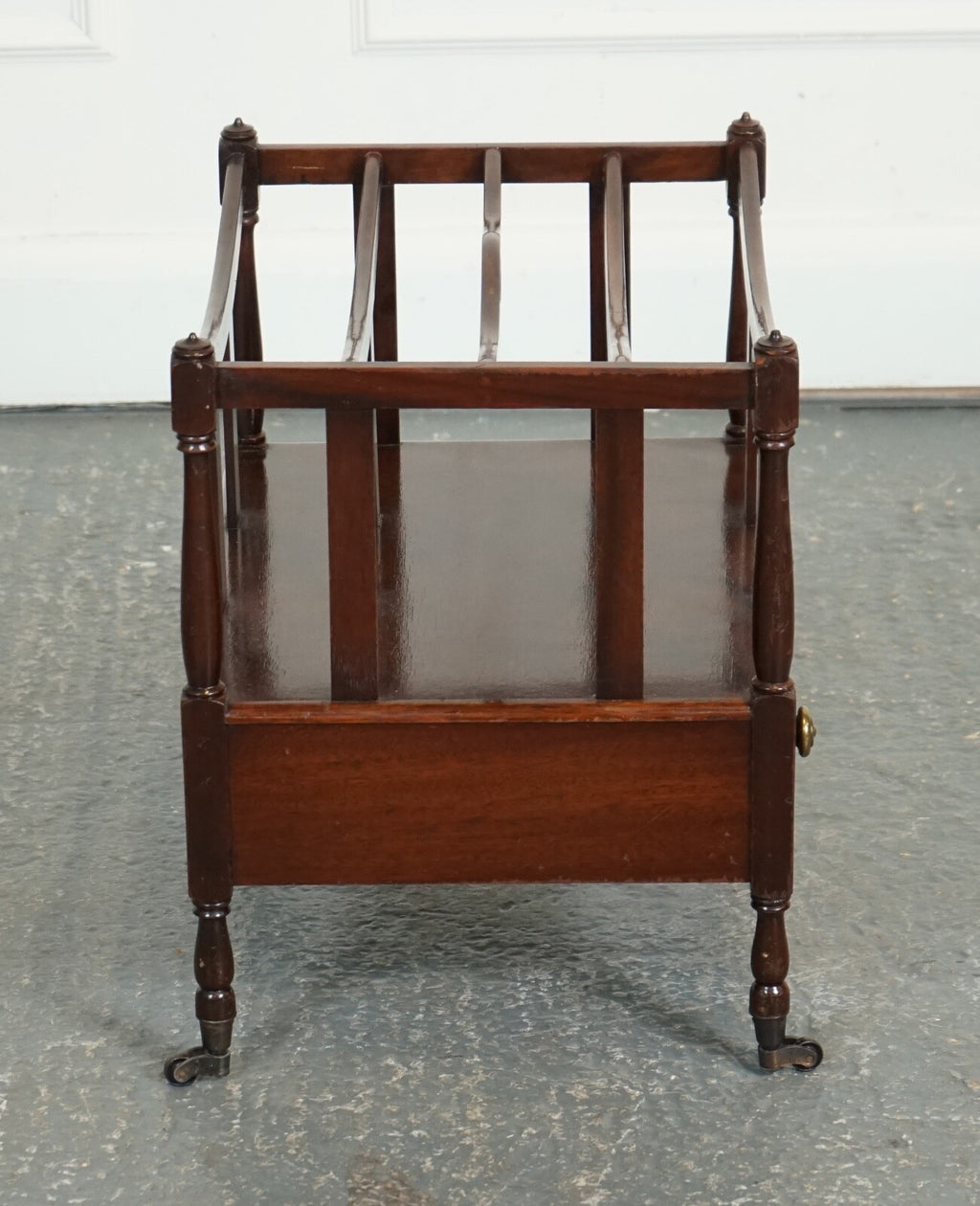 VINTAGE MAHOGANY CANTERBURY NEWSPAPER RACK WITH BRASS HANDLES