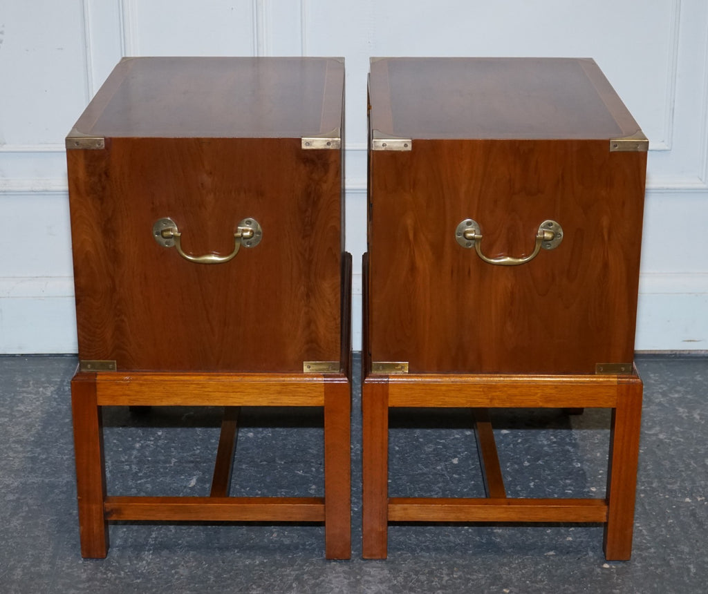 A PAIR OF YEW WOOD & BRASS ENGLISH MILITARY CAMPAIGN END CABINETS NIGHTSTANDS