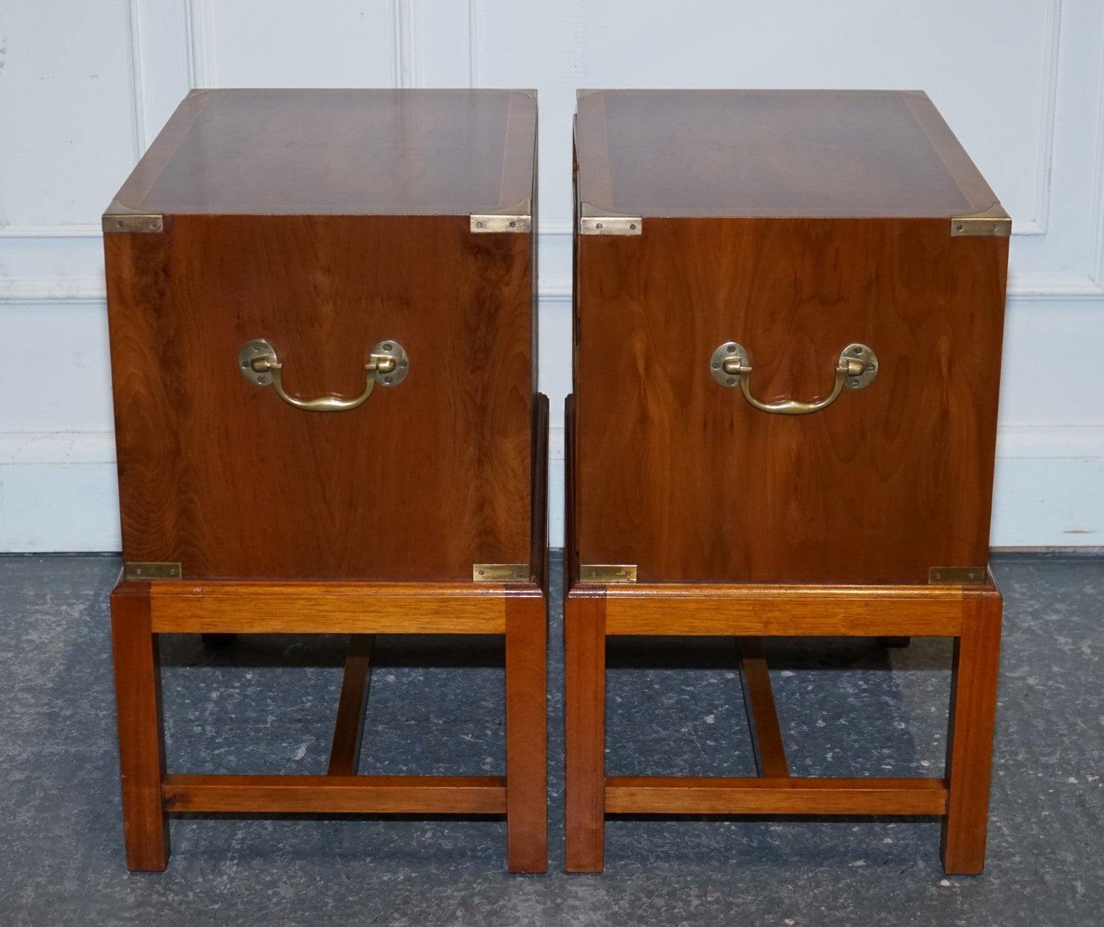 A PAIR OF YEW WOOD & BRASS ENGLISH MILITARY CAMPAIGN END CABINETS NIGHTSTANDS