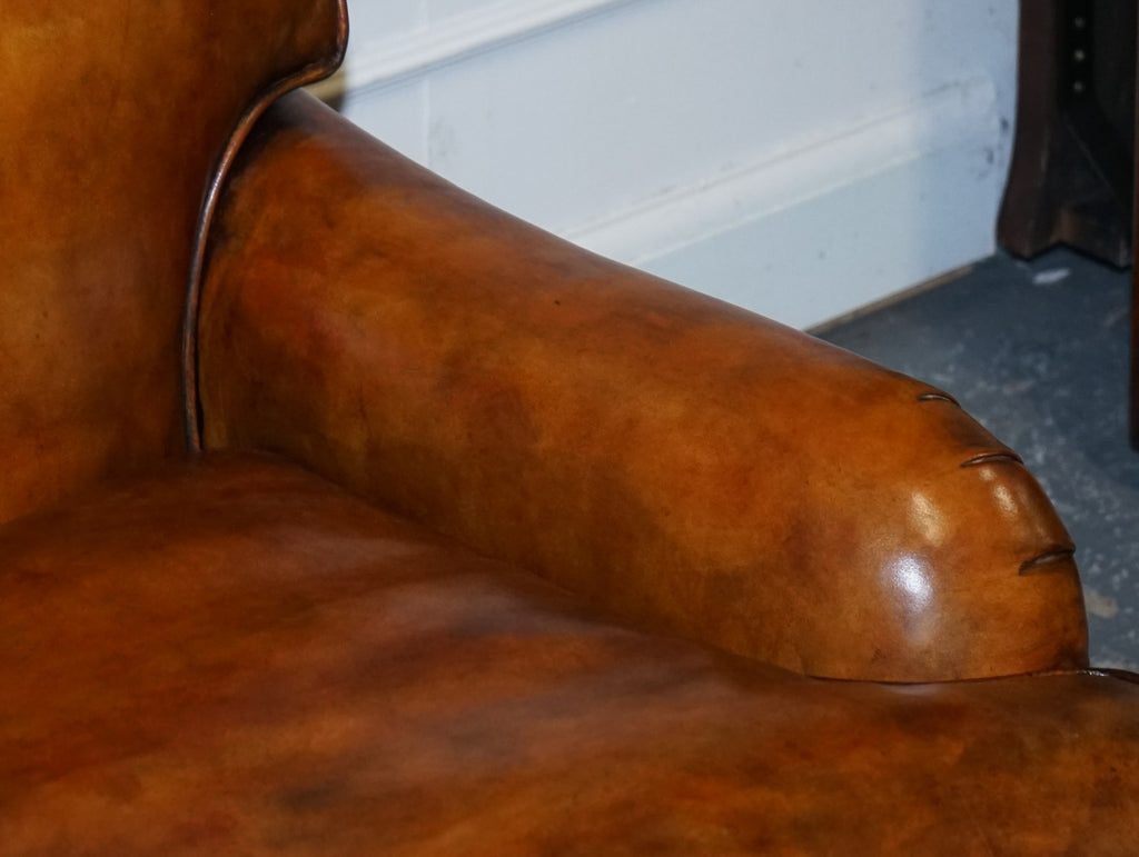 RESTORED HAND DYED LEATHER THREE SEATER SOFA HOWARD & SONS STYLE FEATHER FILLED