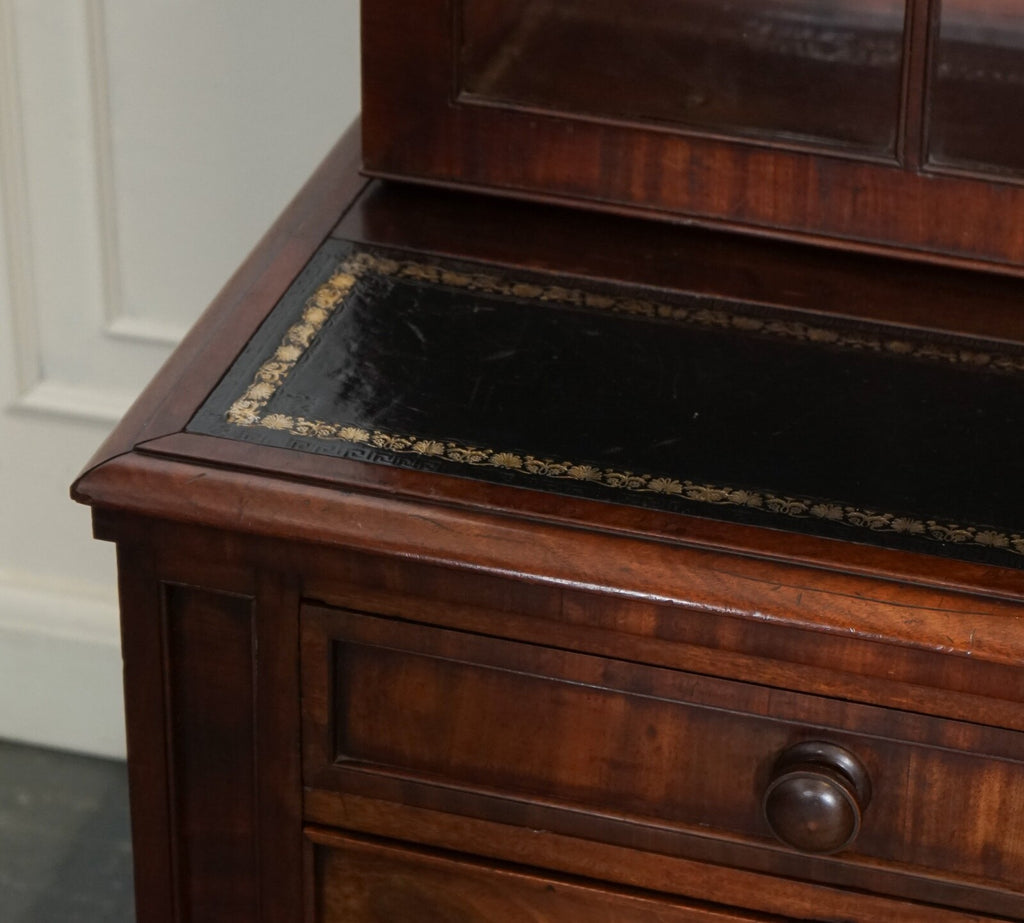 ANTIQUE DRESSER BOOKCASE DISPLAY CABINET ON CHEST OF DRAWERS BLACK LEATHER TOP