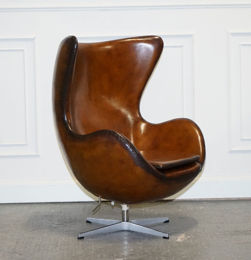 FRITZ HANSEN STYLE VINTAGE HAND DYED WHISKEY BROWN EGG CHAIR