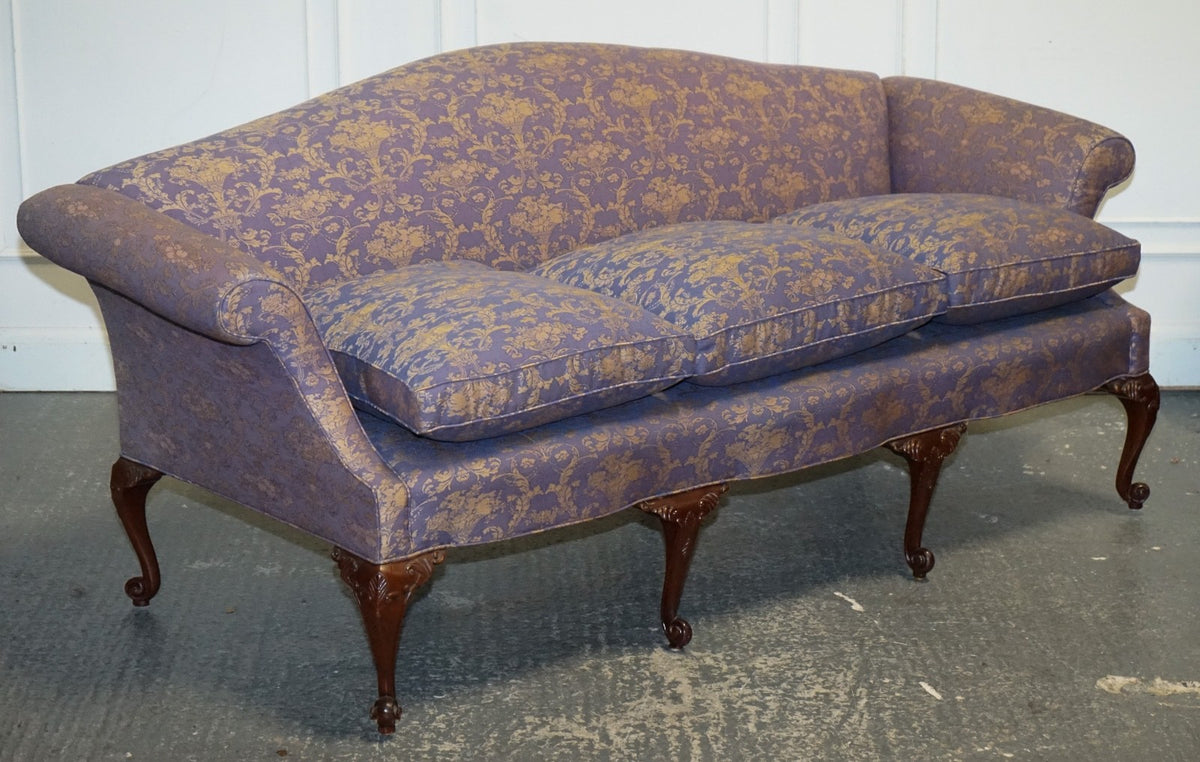 ANTIQUE ENGLISH COUNTRY HOUSE CHIPPENDALE CAMEL BACK FABRIC THREE SEATER SOFA
