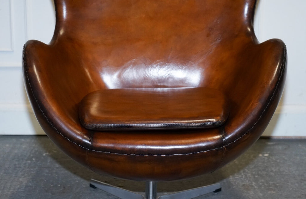 FRITZ HANSEN STYLE VINTAGE HAND DYED WHISKEY BROWN EGG CHAIR