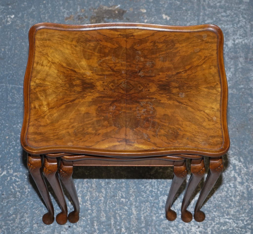 1920'S ART DECO BURR WALNUT NEST OF THREE TABLE QUEEN ANNE LEGS