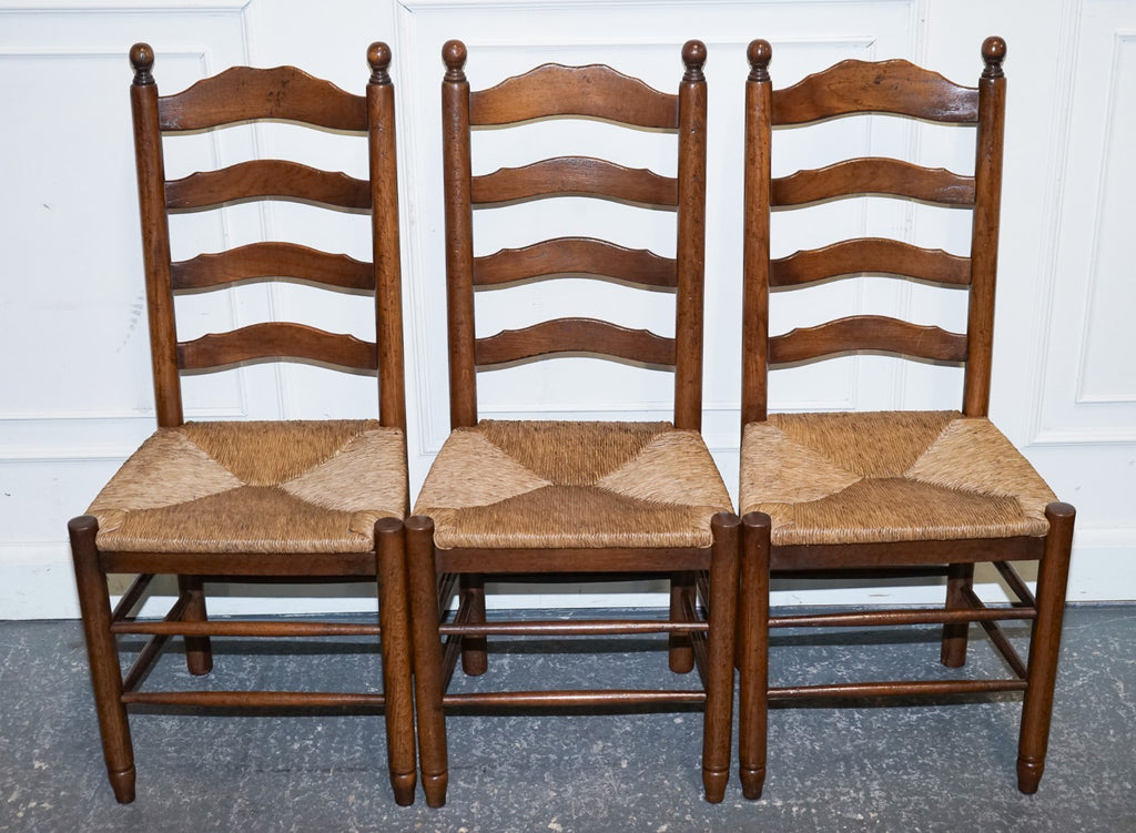 SET OF SIX ANTIQUE ENGLISH 19TH CENTURY LADDERBACK RUSH SEAT DINING CHAIRS