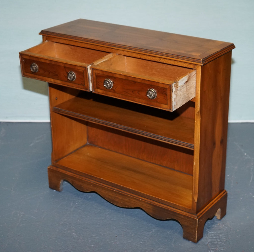 ELEGANT VINTAGE YEW WOOD LOW DWARF BOOKCASE WITH TWO STORAGE DRAWERS