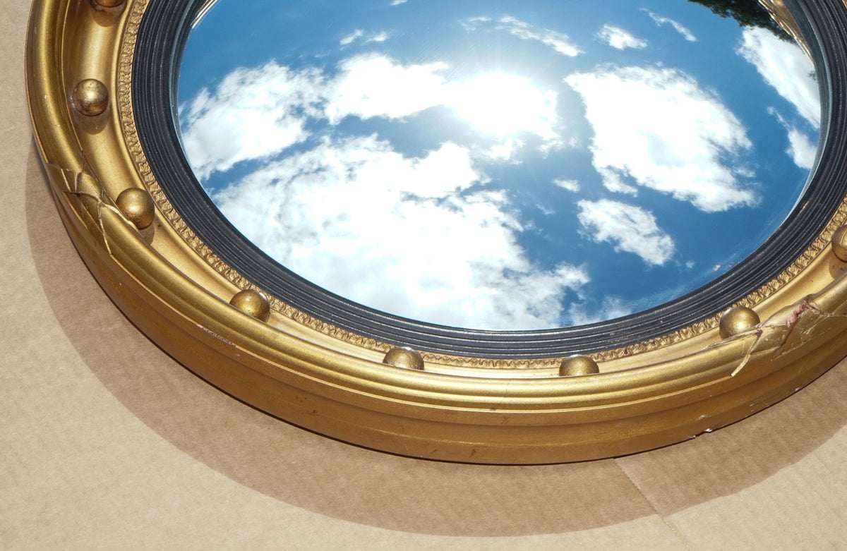 ANTIQUE 1920S BUTLERS CONVEX GOLD GILT WOOD WALL MIRROR