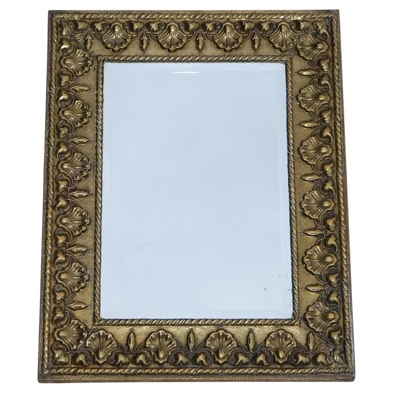 ANTIQUE NEOCLASSICAL STYLE BRASS SHELLS & BLEEDING HEARTS BEVELLED MiRROR