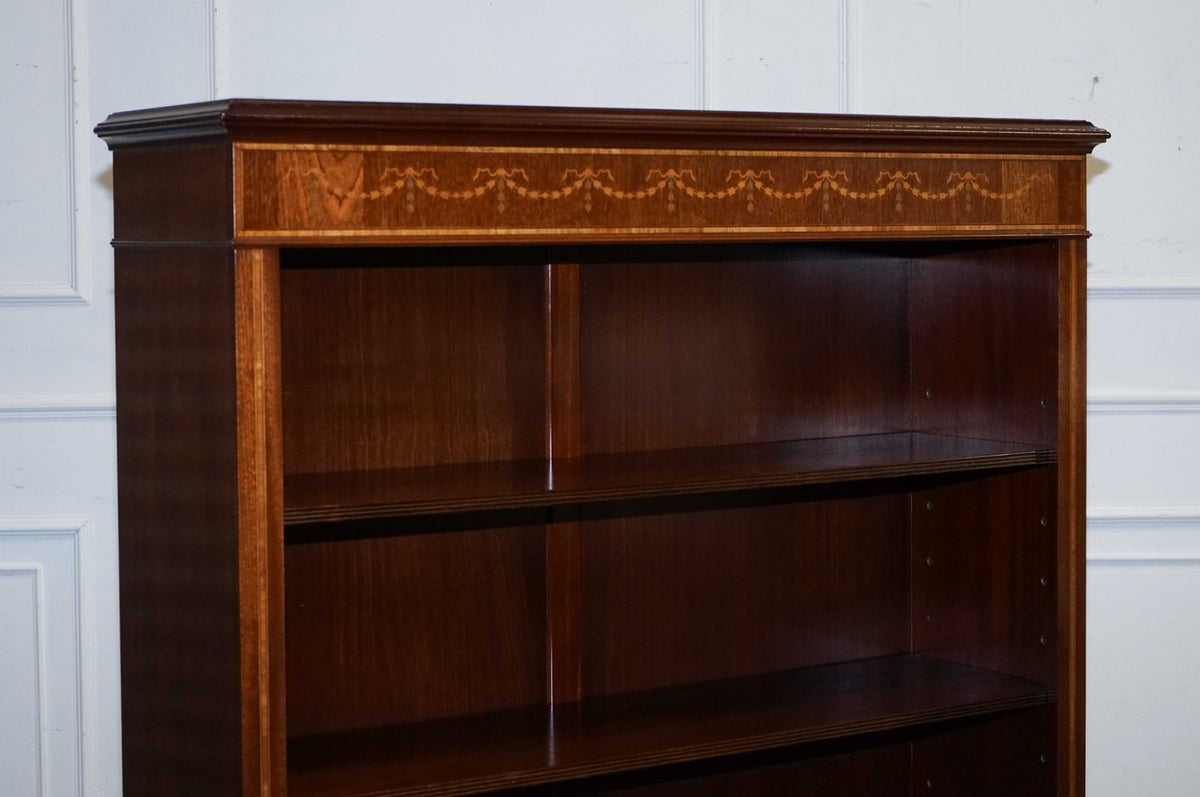 LARGE VINTAGE EDWARDIAN STYLE INLAID SHERATON OPEN BOOKCASE ADJUSTABLE SHELVES