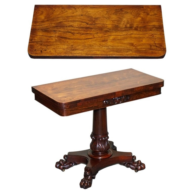 ANTIQUE 1830s WILLIAM IV FOLDING PEDESTAL CARD GAME TABLE CARVED PAW BASE