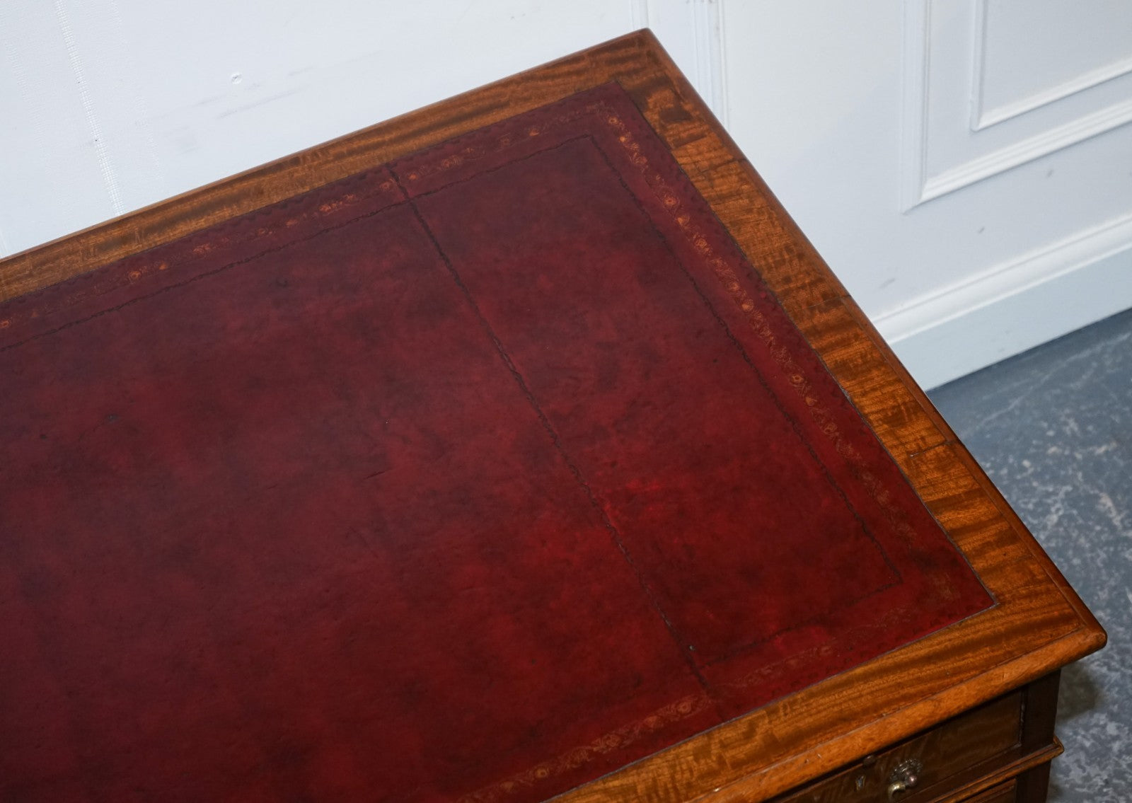 ANTIQUE RESTORED HOBBS & CO LONDON TWIN PEDESTAL DESK HAND DYED RED LEATHER TOP