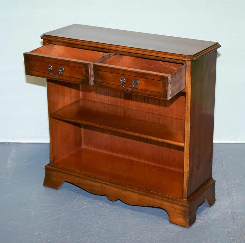 VINTAGE BURR YEW WOOD OPEN DWARF LIBRARY BOOKCASE WiTH TWO DRAWERS