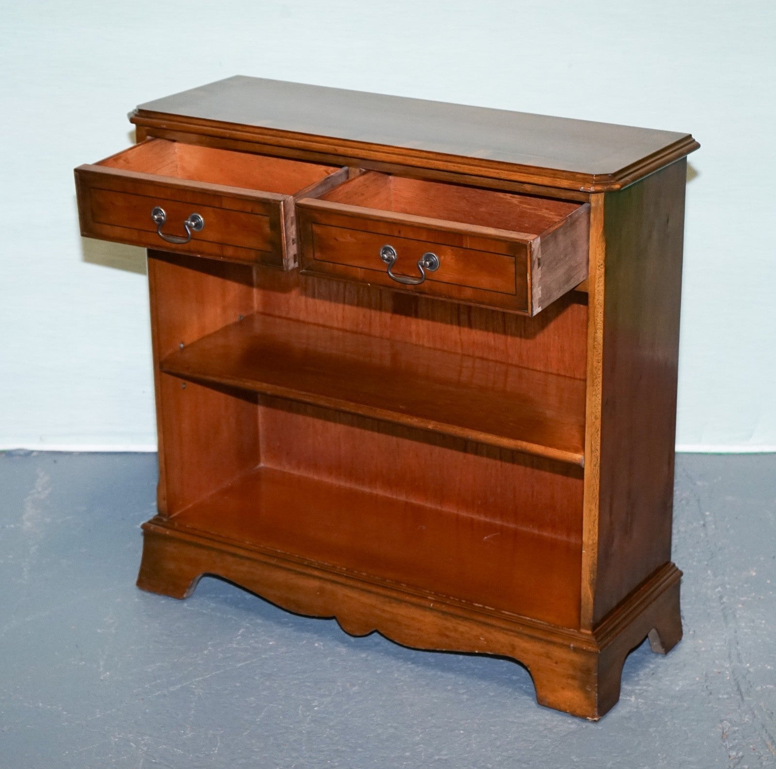 VINTAGE BURR YEW WOOD OPEN DWARF LIBRARY BOOKCASE WiTH TWO DRAWERS