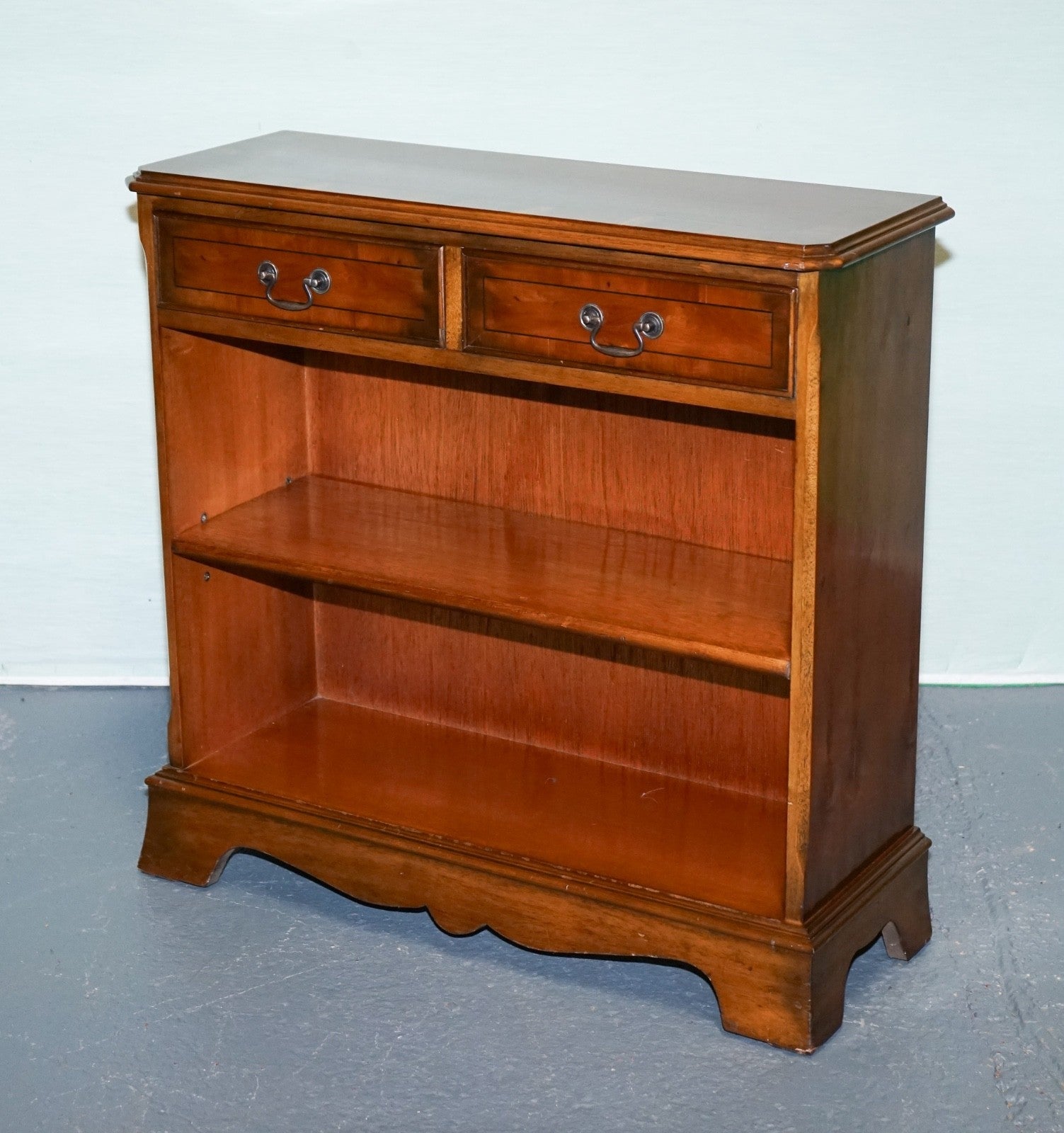 VINTAGE BURR YEW WOOD OPEN DWARF LIBRARY BOOKCASE WiTH TWO DRAWERS