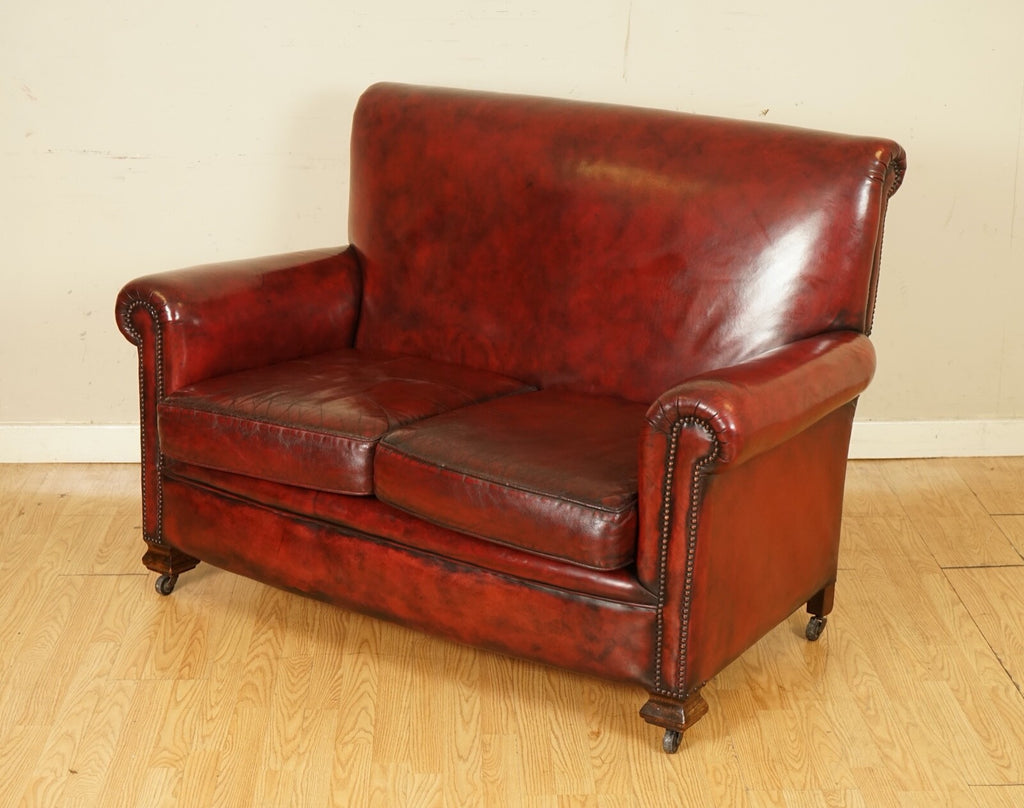STUNNING VICTORIAN BURGUNDY GENTLEMAN'S CLUB HAND DYED LEATHER SOFA