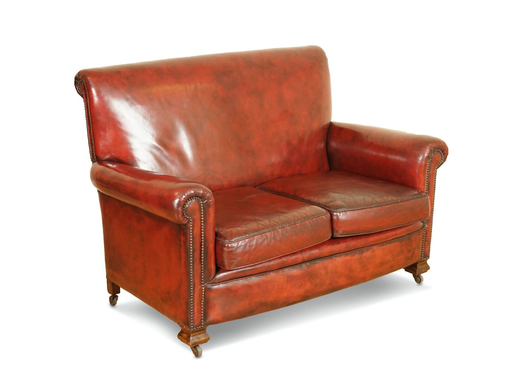 STUNNING VICTORIAN BURGUNDY GENTLEMAN'S CLUB HAND DYED LEATHER SOFA