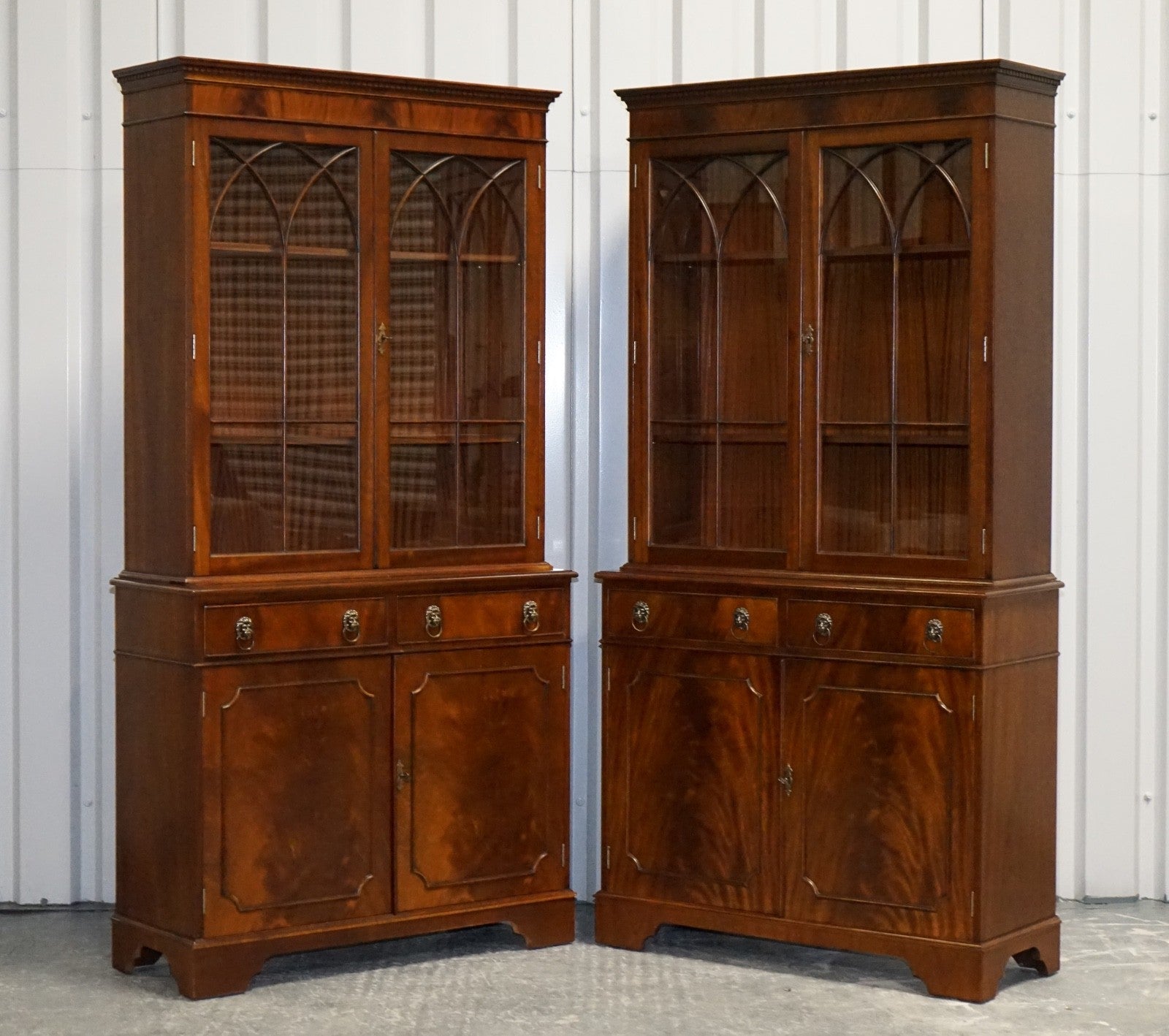 PAIR GEORGIAN STYLE DISPLAY CABINETS BOOKCASES WITH BRASS LION HANDLES