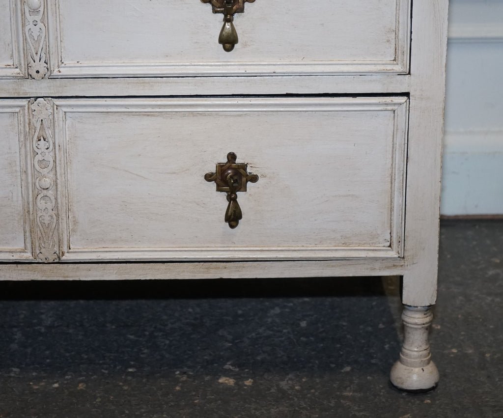 ANTIQUE VICTORIAN HAND PAINTED IVORY WHITE CHEST OF DRAWERS WITH BRASS HANDLES