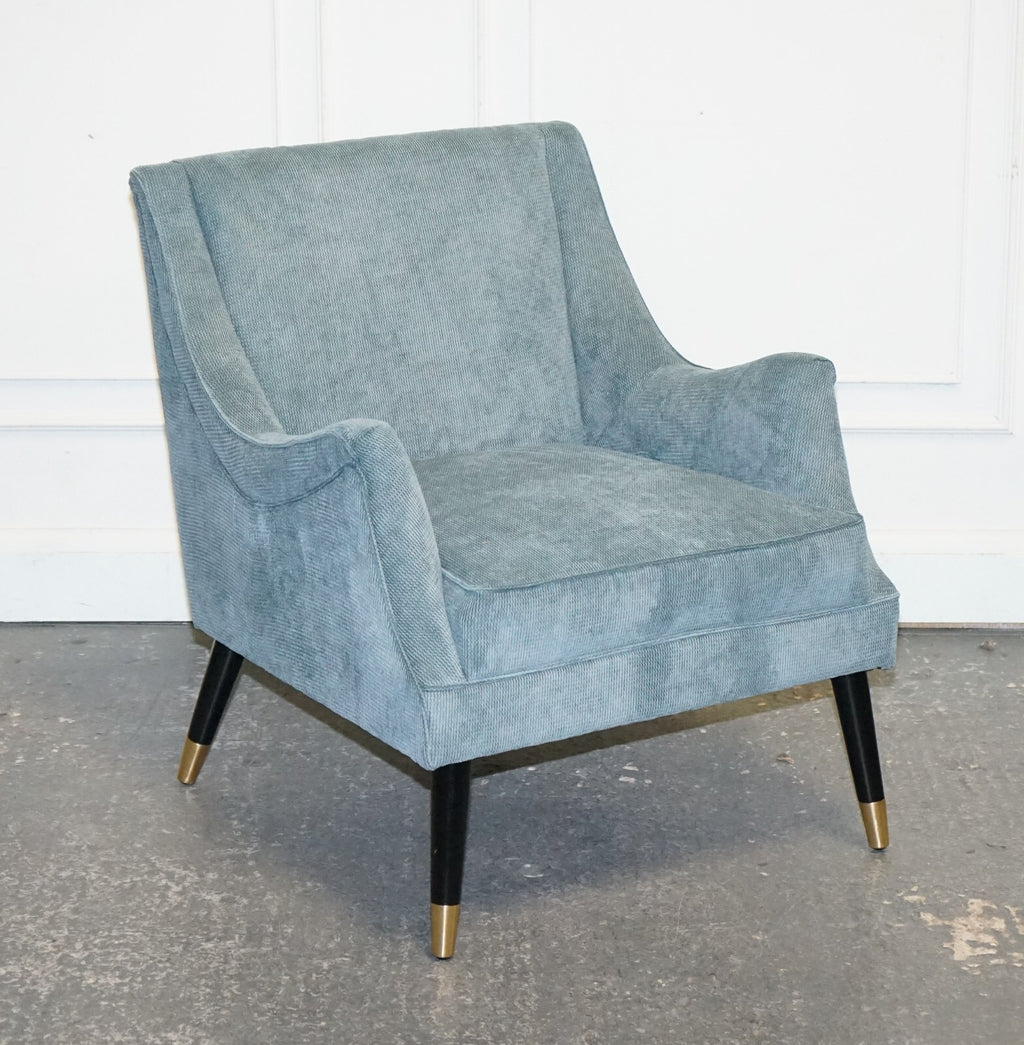 ELEGANT PALE BLUE VELVER SIDE CHAIR ARMCHAIR WITH BLACK AND GOLD LEGS