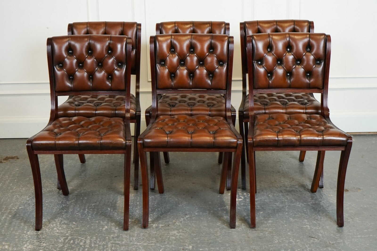 SET OF 6 RESTORED CHESTERFIELD LEATHER DINING CHAIRS J1