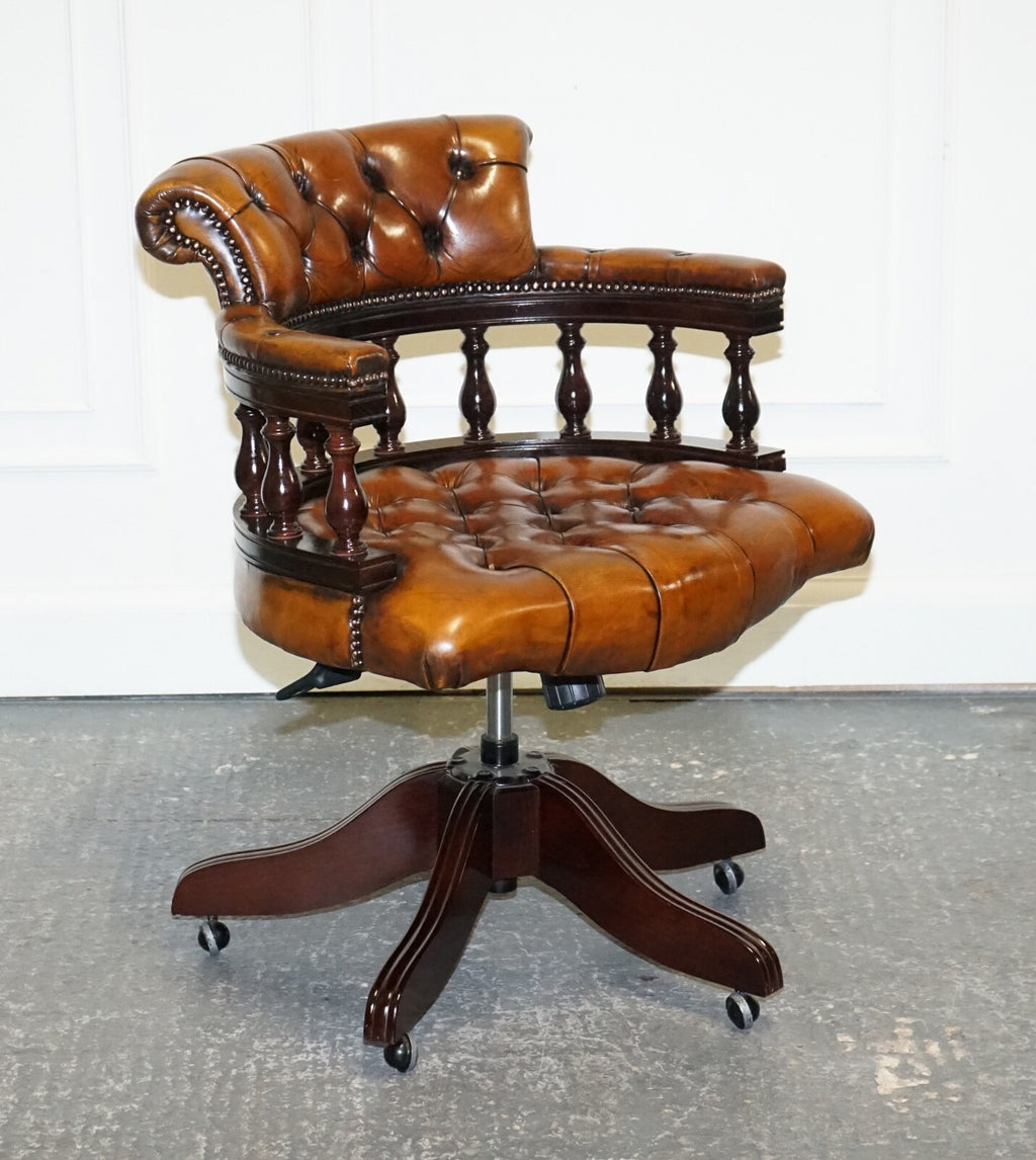FULLY RESTORED CIGAR BROWN LEATHER CHESTERFIELD CAPTAINS OFFICE SWIVEL ARMCHAIR