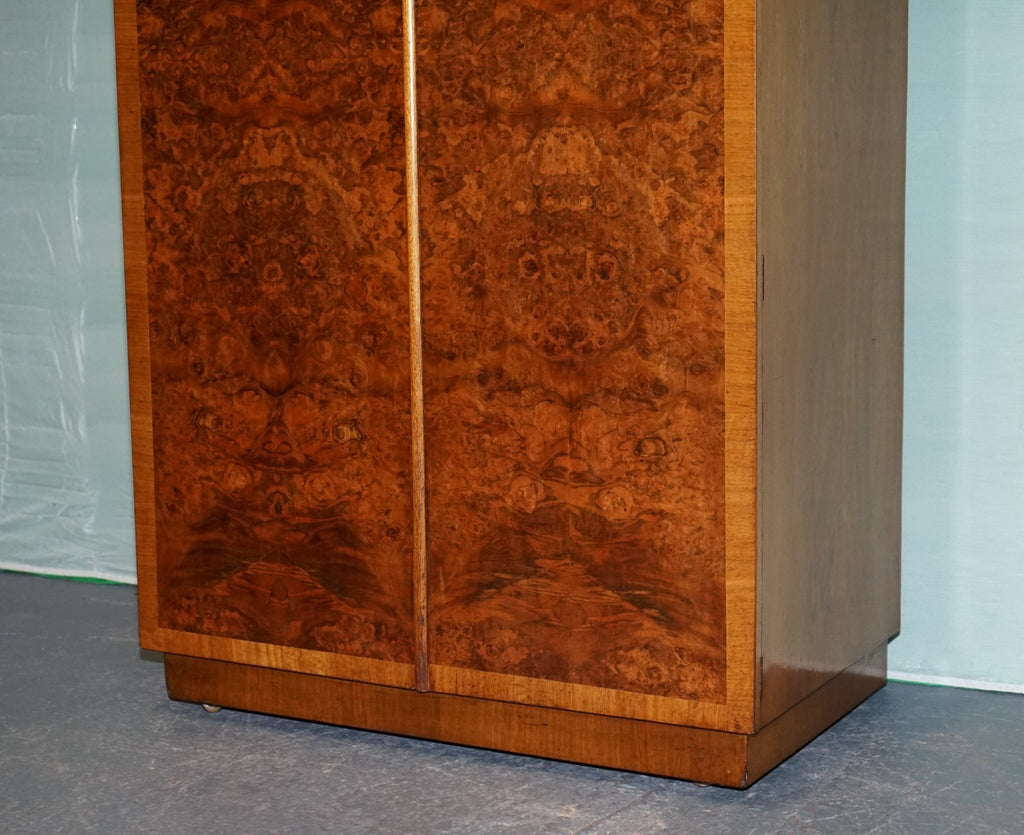 1930s PETITE VINTAGE ENGLISH ART DECO BURR WALNUT DOUBLE WARDROBE LINEN PRESS