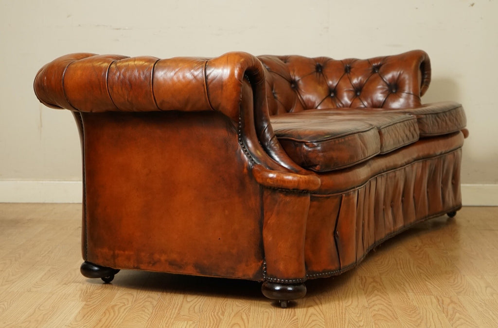 ONE OF A KIND WHISKEY BROWN HAND DYED LEATHER SERPENTINE CLUB CHESTERFIELD SOFA