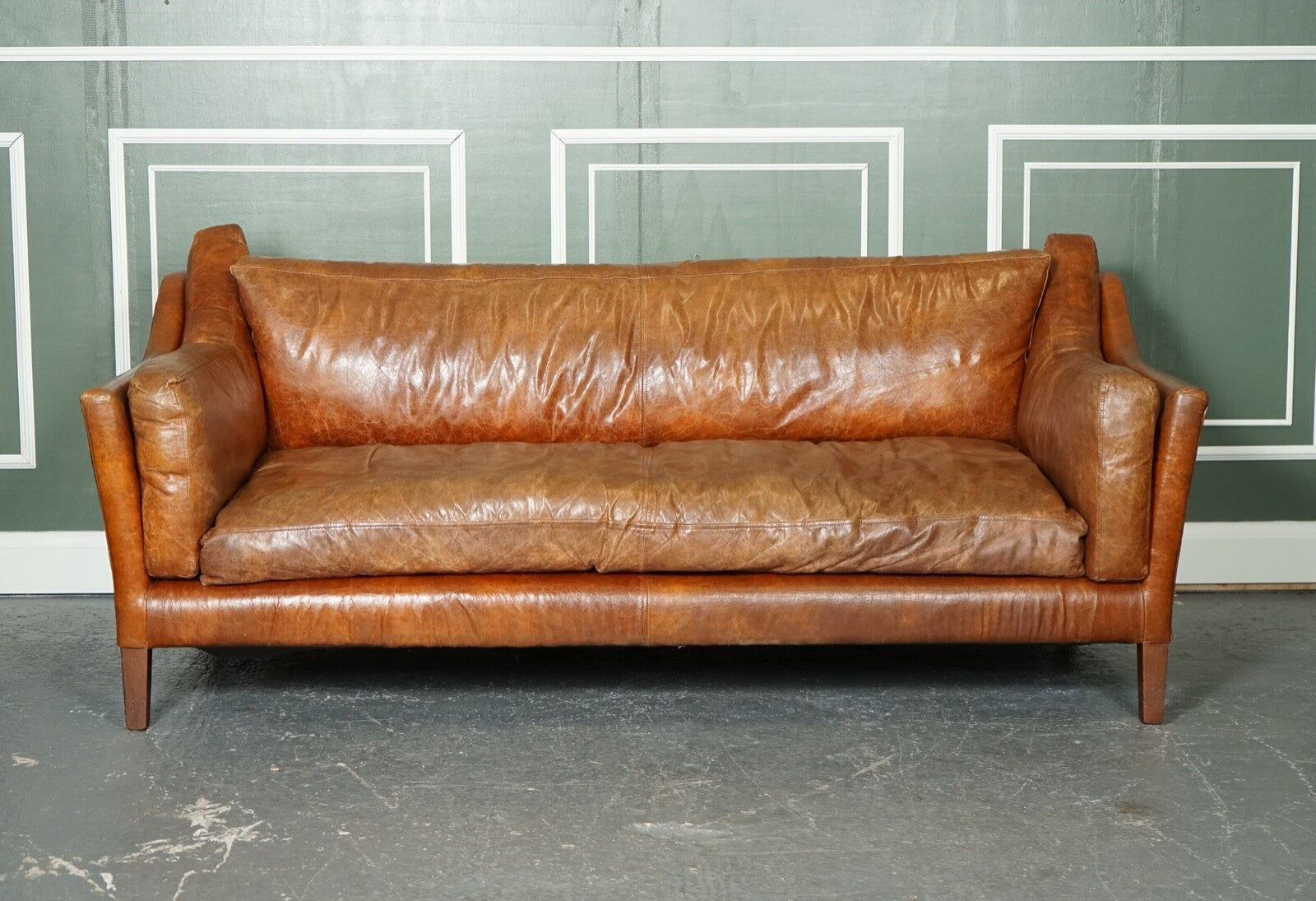 STUNNING LARGE VINTAGE TAN LEATHER CONTEMPORARY DESIGNER SOFA