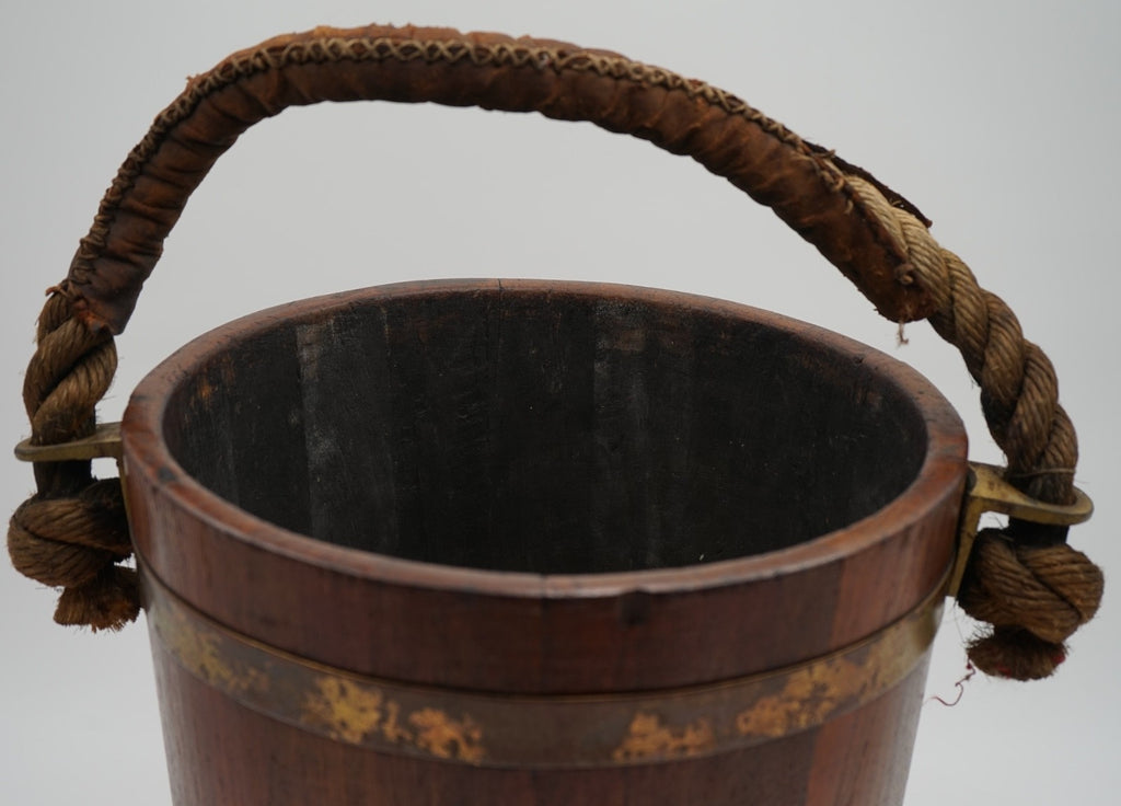 ANTIQUE ENGLISH VICTORIAN 19TH CENTURY NAVAL OAK FIRE BUCKET WITH ROYAL CREST