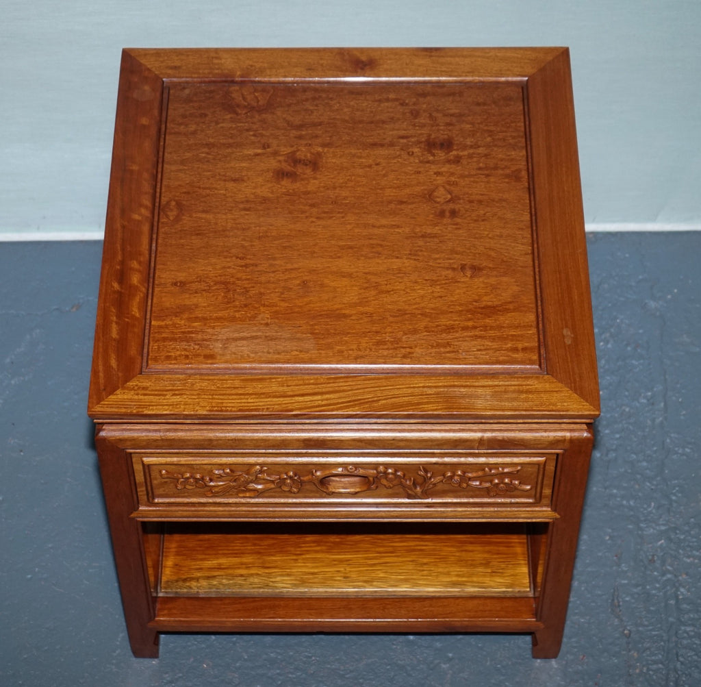 ORIENTAL CHINESE VINTAGE TEAK NIGHTSTAND BEDSIDE TABLE WITH DRAWER