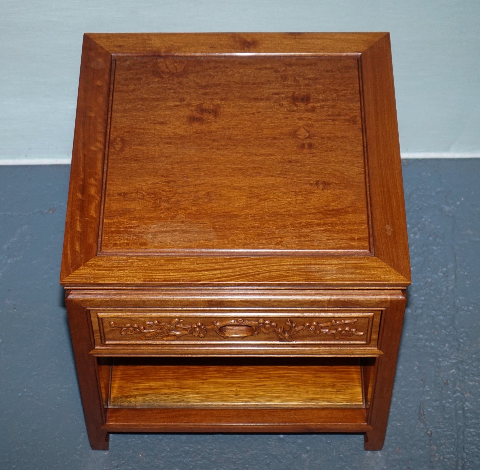 ORIENTAL CHINESE VINTAGE TEAK NIGHTSTAND BEDSIDE TABLE WITH DRAWER