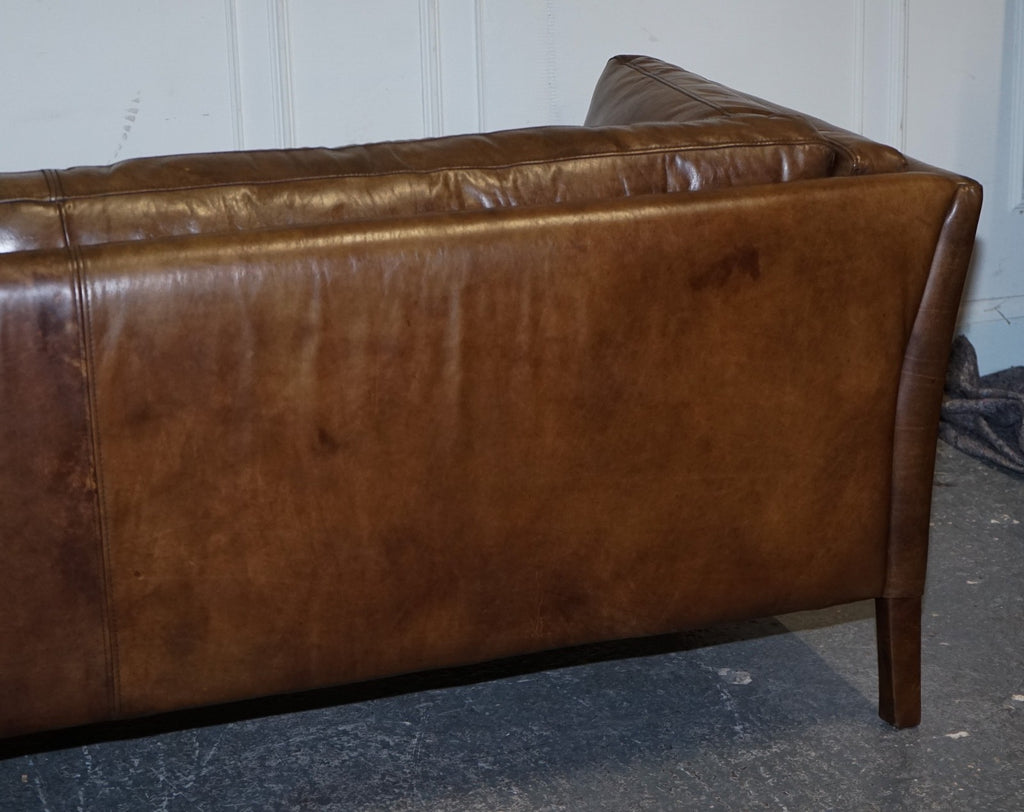 HALO GROUCHO BEAUTIFUL BROWN LEATHER THREE SEATER COMPACT SOFA
