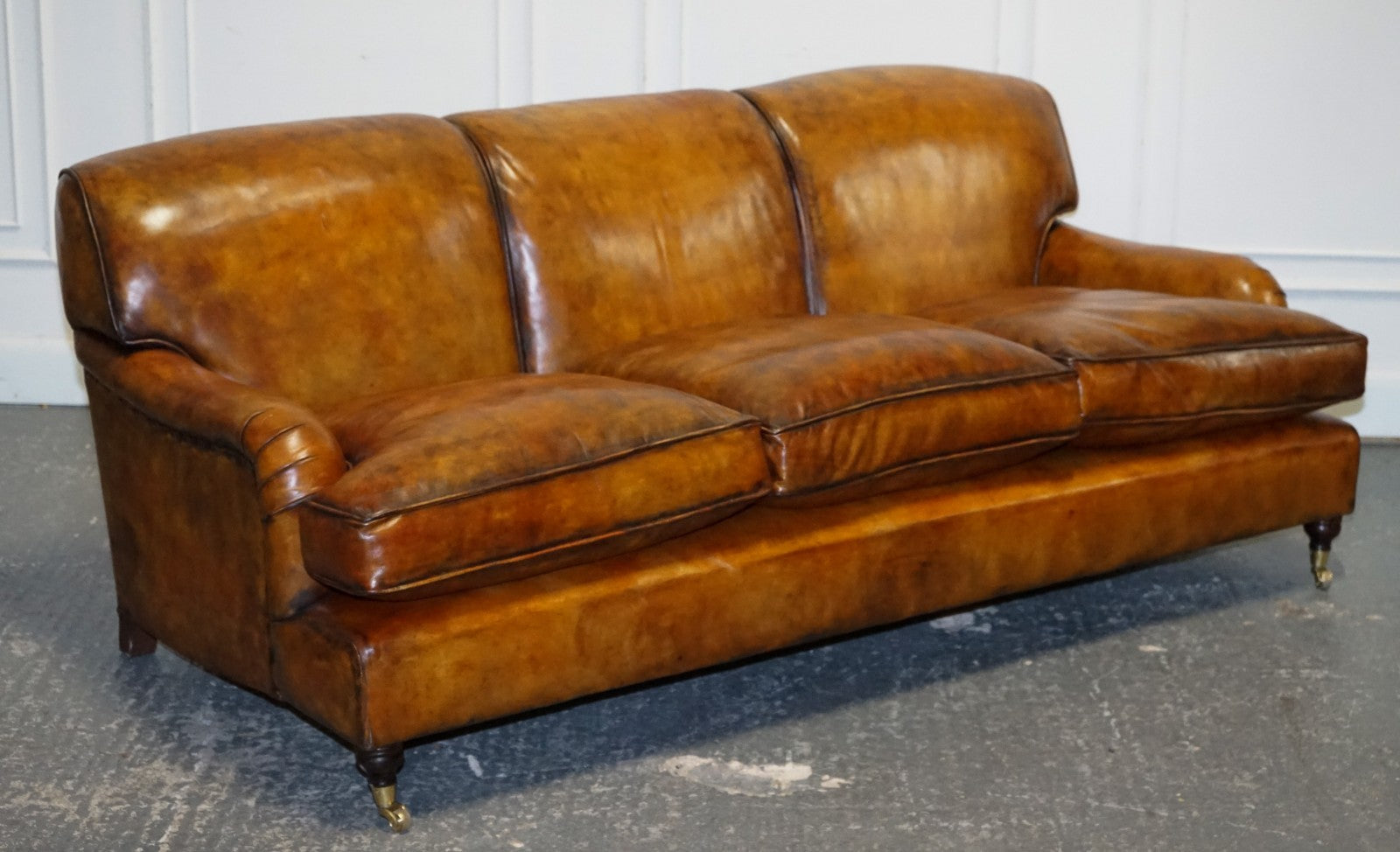 RESTORED HAND DYED LEATHER THREE SEATER SOFA HOWARD & SONS STYLE FEATHER FILLED