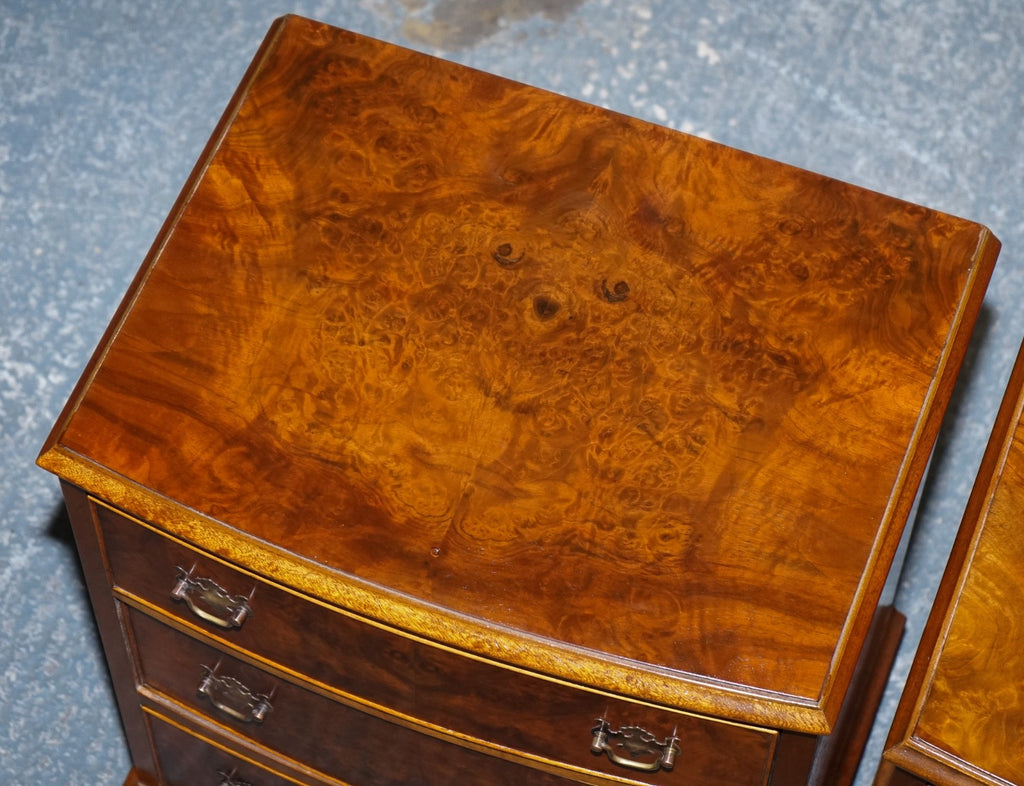 PAIR OF RESTORED BURR WALNUT BEDSIDE NIGHTSTAND CHEST OF DRAWERS