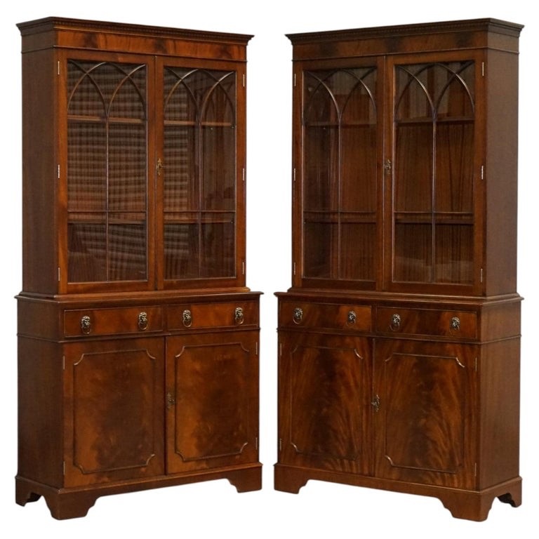 PAIR GEORGIAN STYLE DISPLAY CABINETS BOOKCASES WITH BRASS LION HANDLES