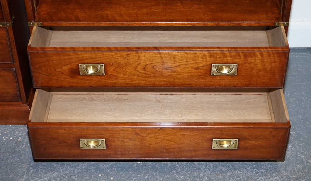 STUNNING PAIR OF KENNEDY HARRODS LONDON MILITARY CAMPAIGN OPEN BOOKCASES