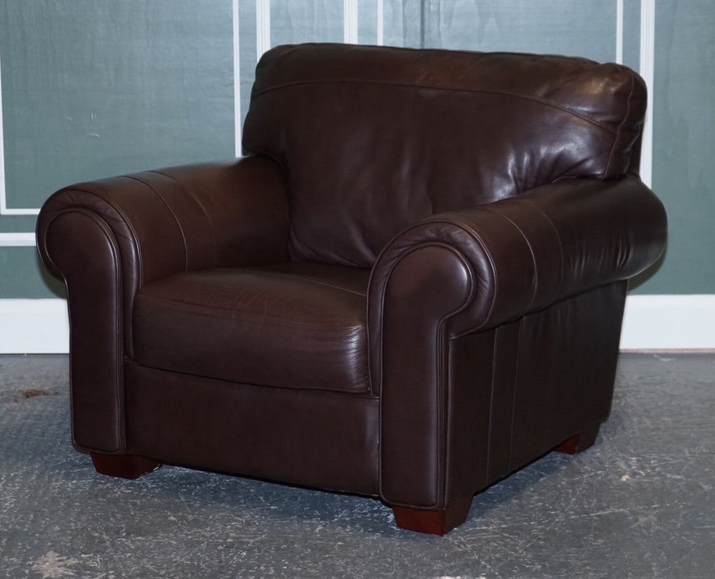 PAIR OF LARGE COMFORTABLE BROWN LEATHER ARMCHAIRS, MATCHING SOFA AVAILABLE