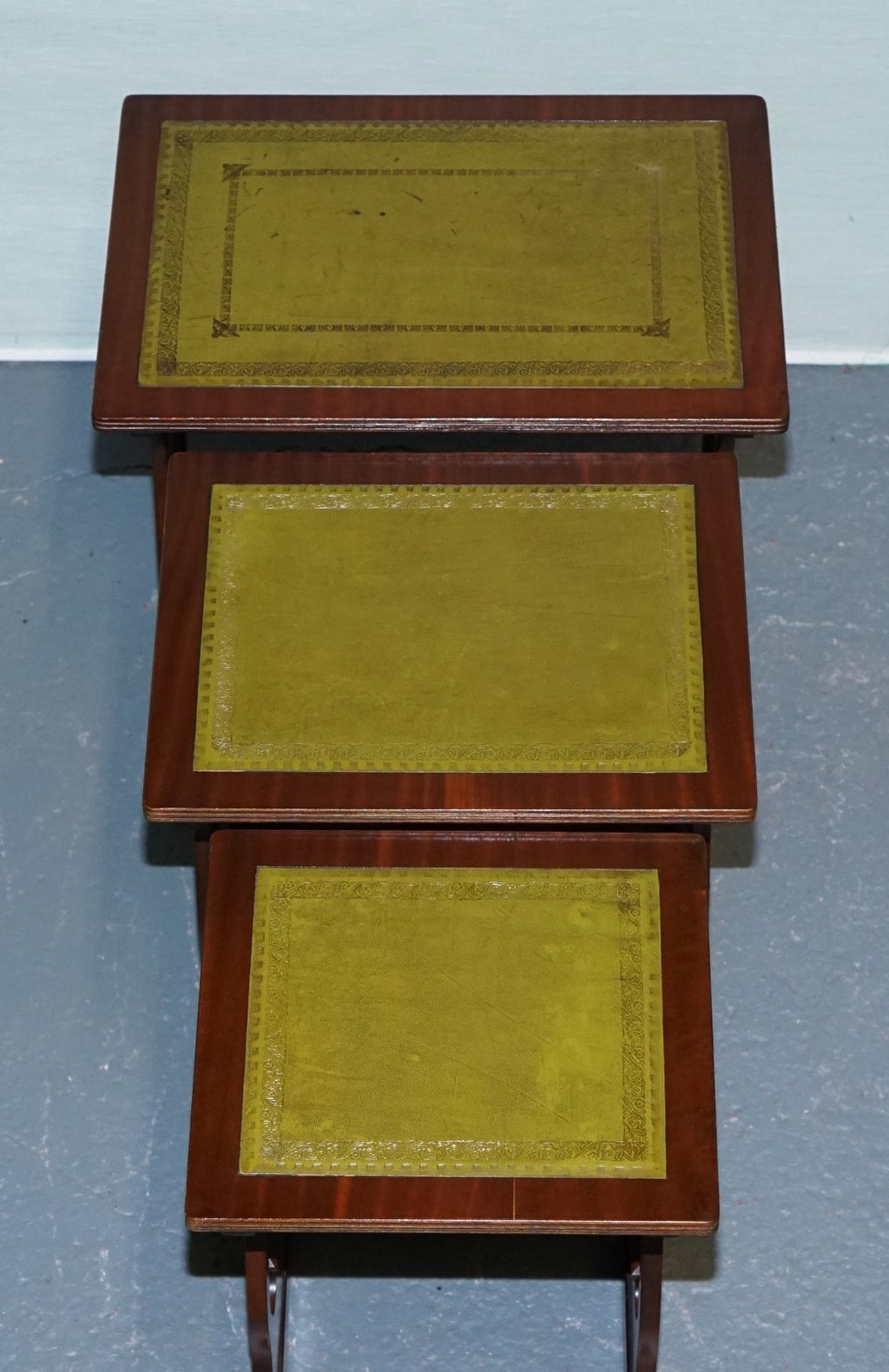 VINTAGE LYRE BASE GREEN LEATHER TOP NEST OF TABLES SIDE TABLES