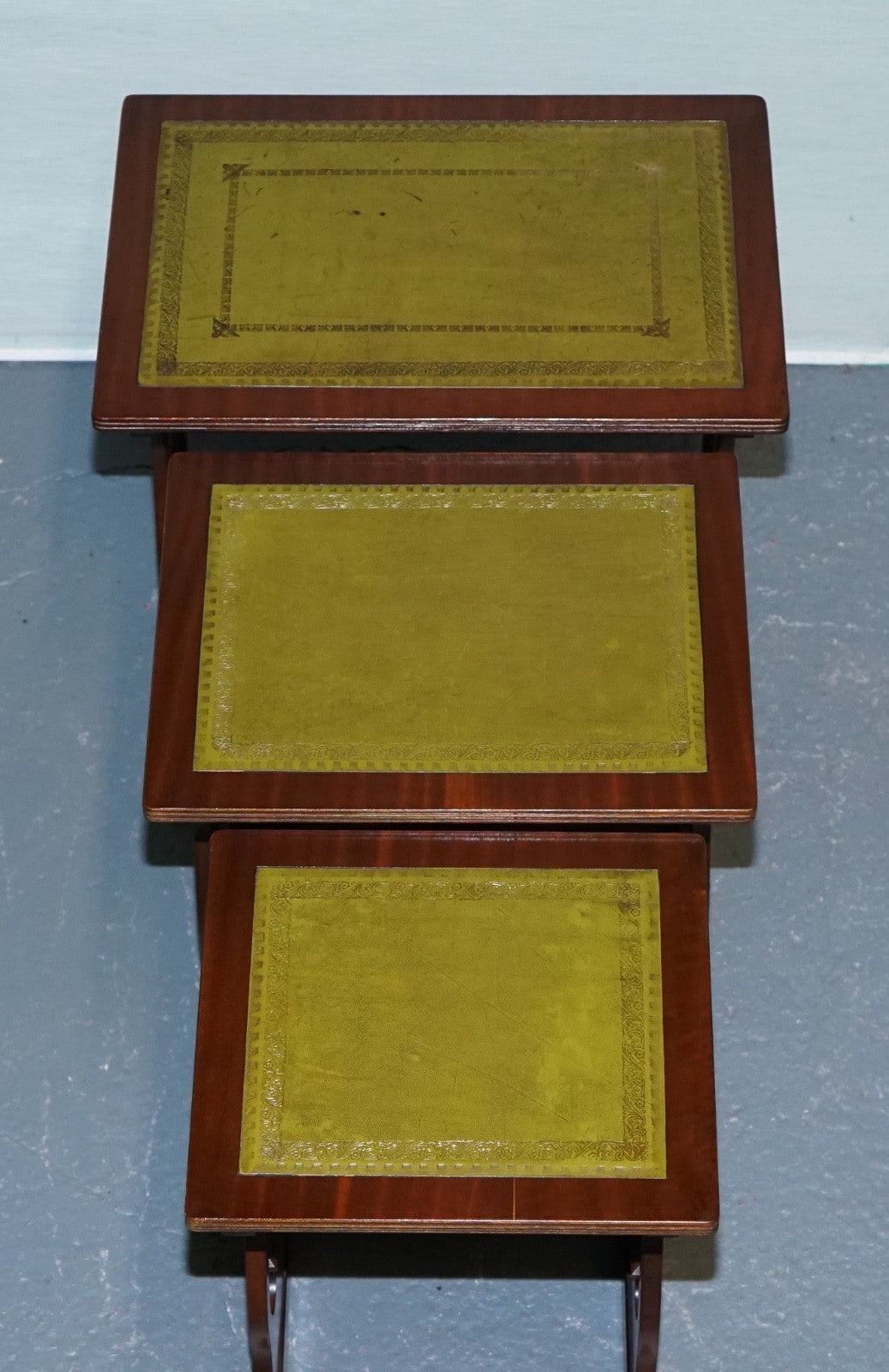 VINTAGE LYRE BASE GREEN LEATHER TOP NEST OF TABLES SIDE TABLES
