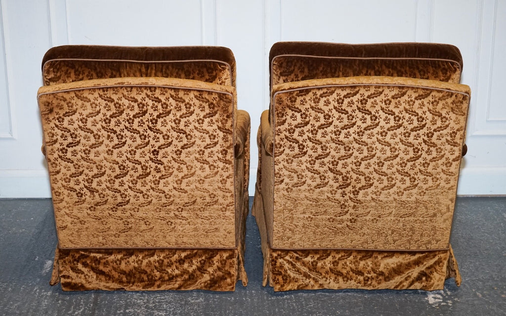 VINTAGE PAIR CUSTOM MADE BROWN GOLD VELVET CONNAUGHT ARMCHAIRS BY DUDGEON LONDON