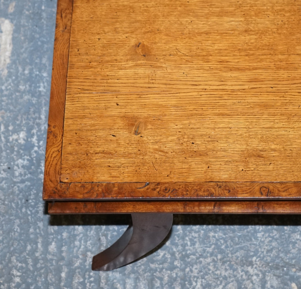 ANTIQUE ART DECO GOLDEN OAK COFFEE TABLE MAPPA BURL TRIM & SPLAYED LEGS