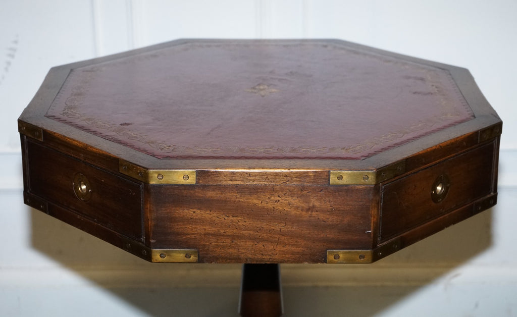REVOLVING MILITARY CAMPAIGN BURGUNDY LEATHER DRUM SIDE END TABLE BEVAN FUNNELL