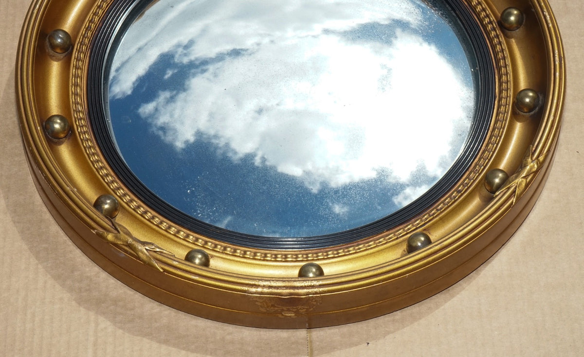ANTIQUE 1920'S BUTLERS CONVEX GOLD GILT WOOD WALL SLIGHTLY FOXED MIRROR