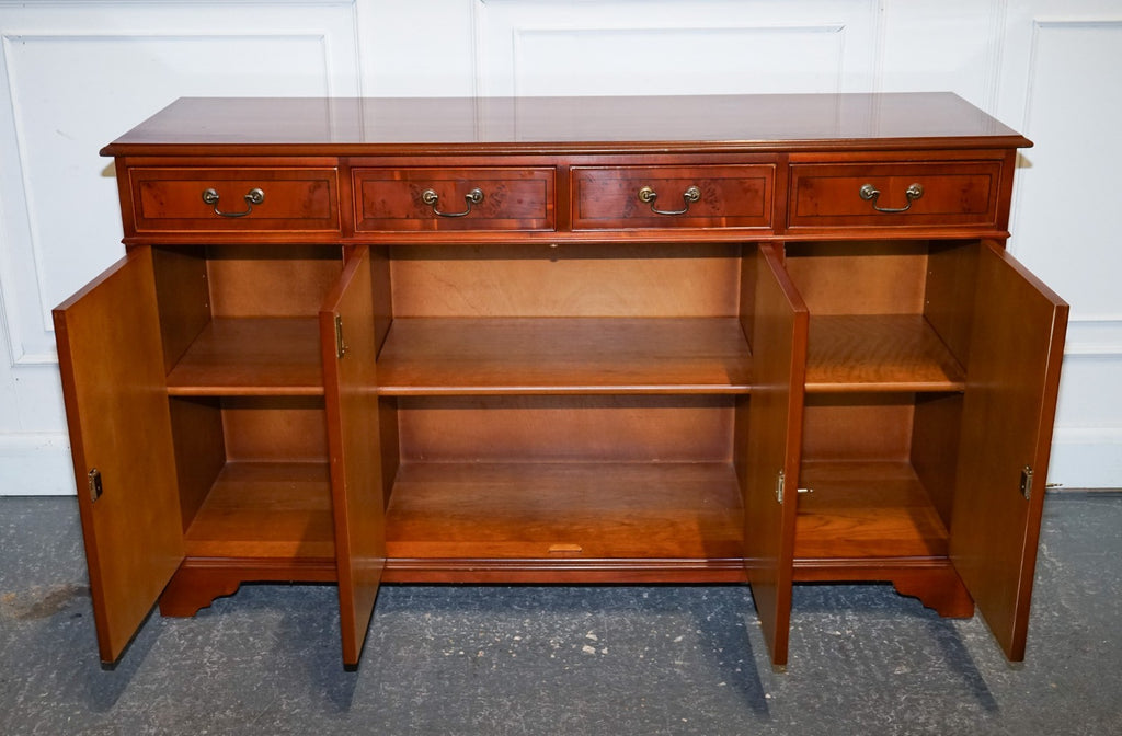 VINTAGE BURR YEW WOOD SIDEBOARD WITH FOUR CUPBOARDS & DRAWERS