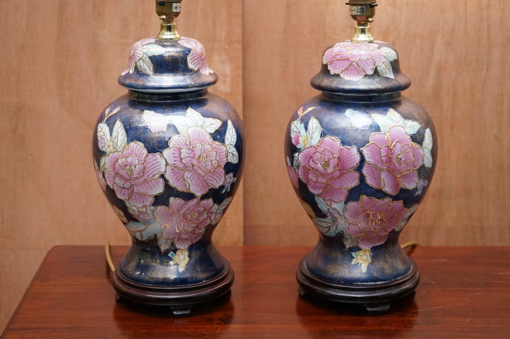 NAVY BLUE LAMP STAND WITH FLORAL ARTWORK