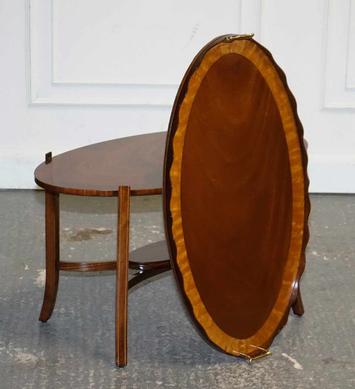 ANTIQUE RESTORED GEORGE III OVL SERVING TRAY AND TABLE WITH  SCALLOPED GALLERY