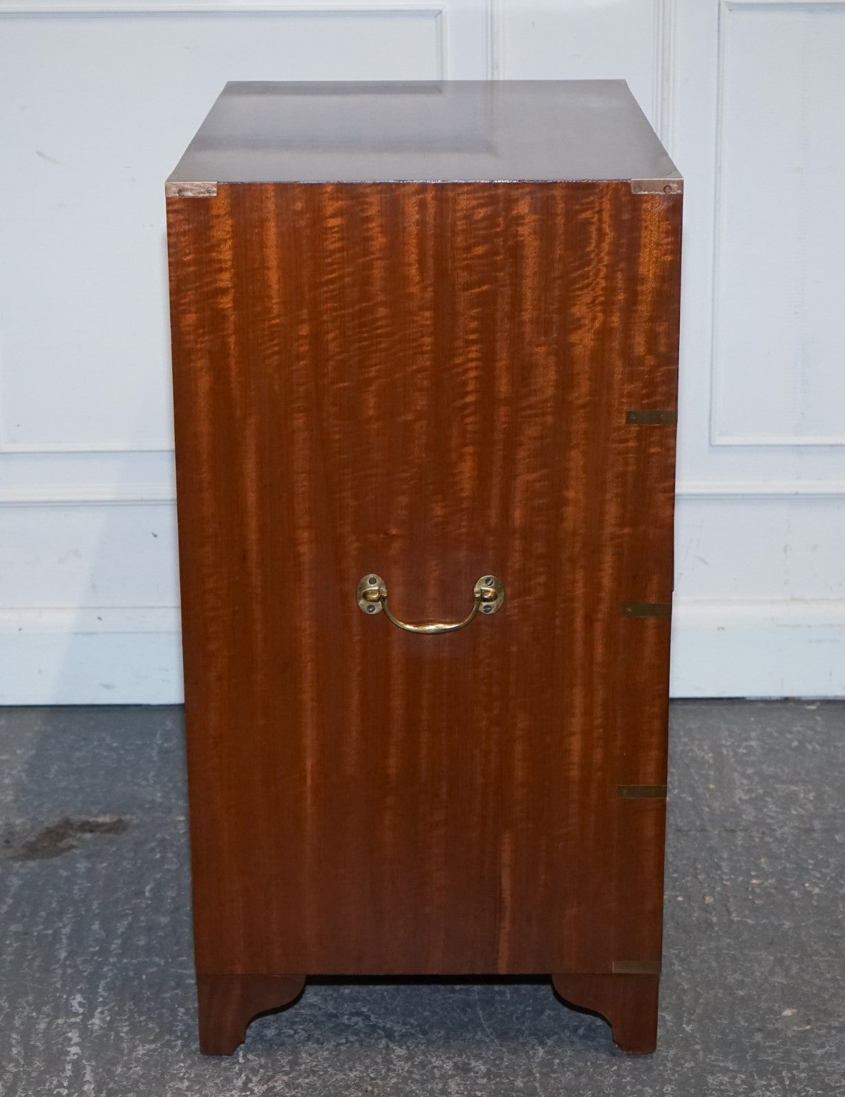 VINTAGE MILITARY CAMPAIGN SECRETAIRE CHEST OF DRAWERS WITH AGED RED LEATHER